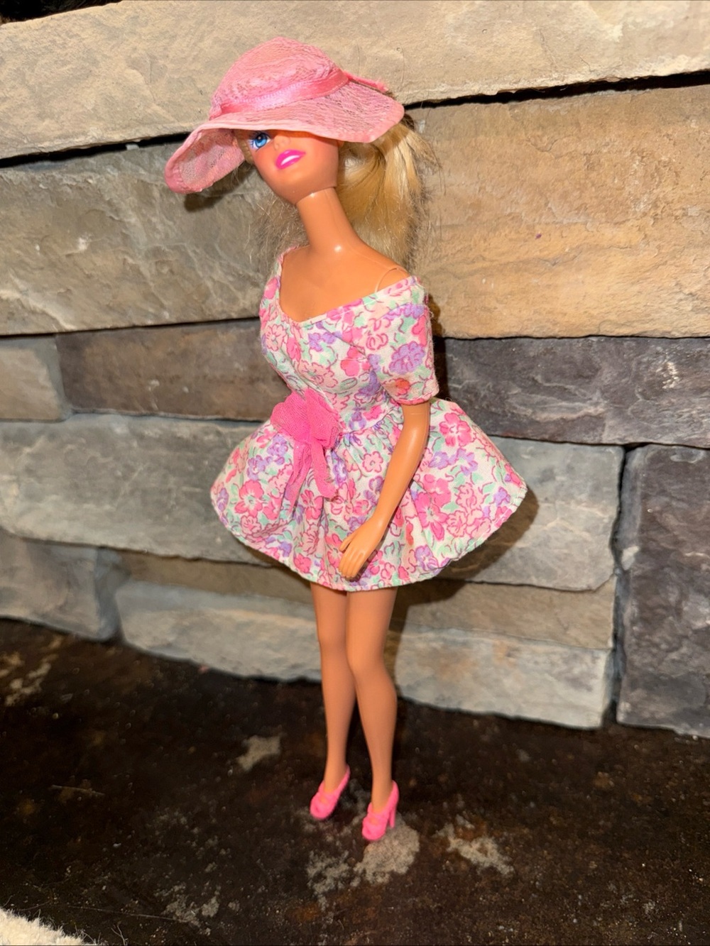 Barbie vintage floral dress lace hat and shoes